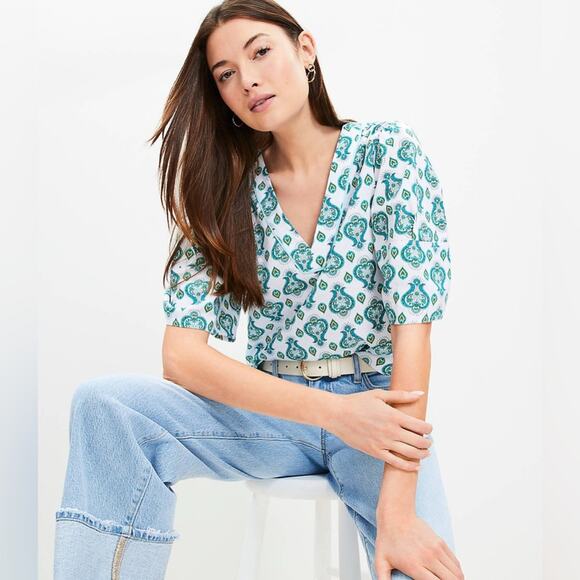 Loft Floral Medallion Bell Sleeve Blouse- Size Medium - Picture 1 of 12